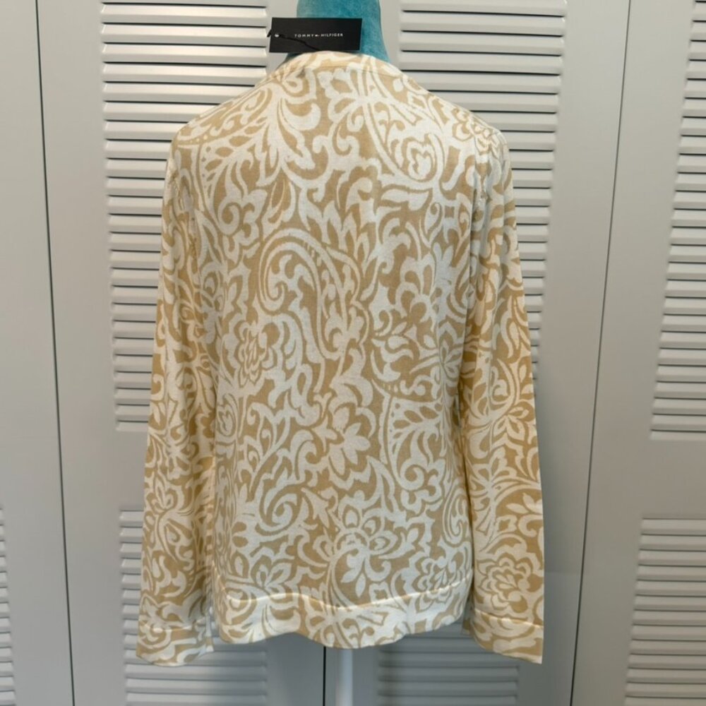 NWT Tommy Hilfiger Cream & Tan Paisley Floral Cotton Cardigan Sweater, Size L - Picture 3 of 11